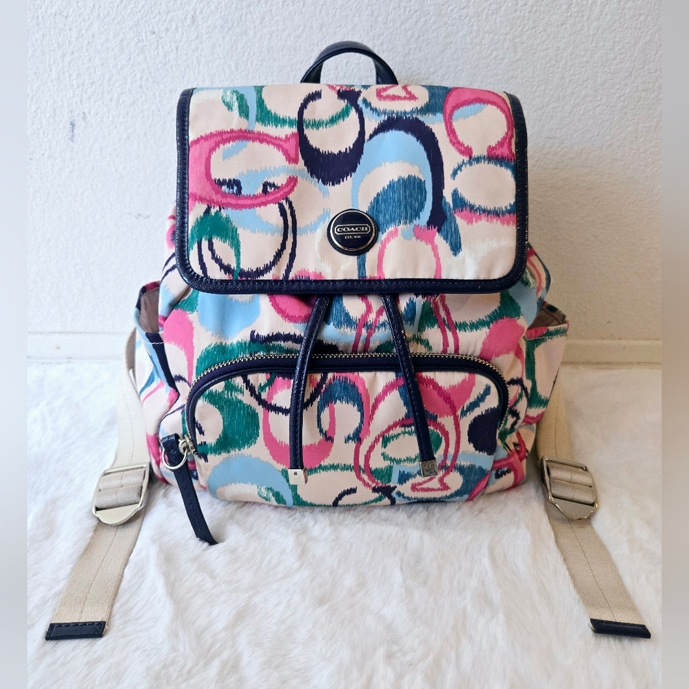 Coach Ikat Scribble Multicolor Signature Backpack Navy Trim - Picture 1 of 11
